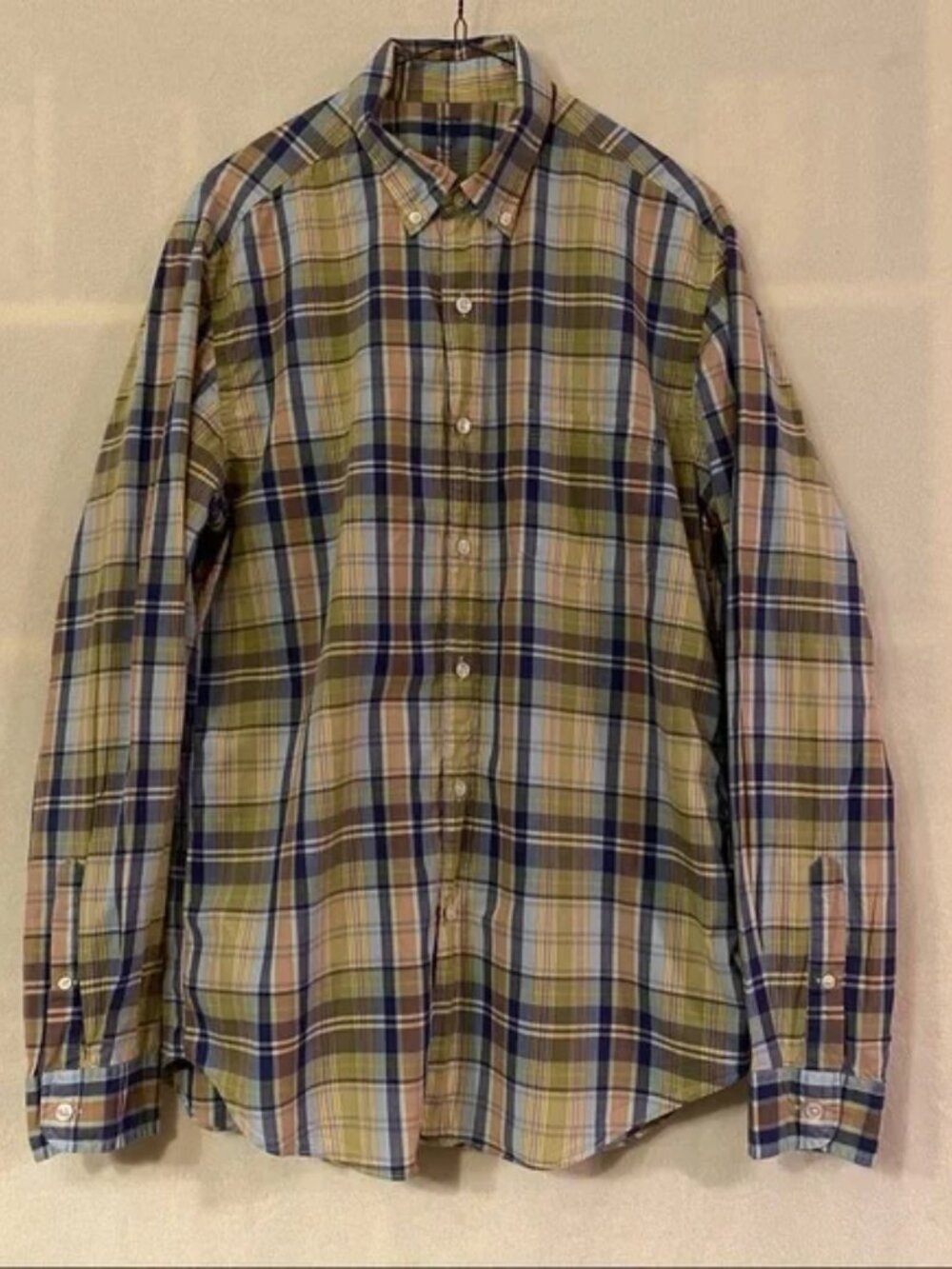 J. Crew green yellow brown blue plaid cotton light weight button down shirt